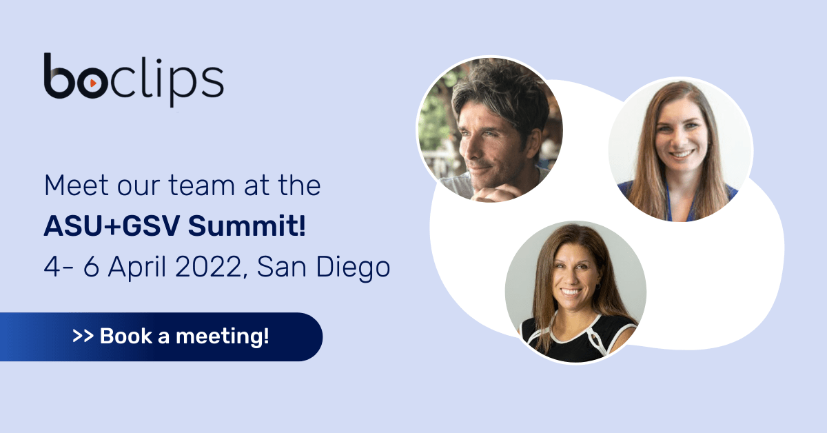 Headshots of David Bainbridge (Boclips CEO), Melissa Kelley-Knutsen (RVP), and Amy DuPont (RVP) beside a Boclips logo. Text: "Meet our team at the ASU+GSV Summit! 4–6 April 2022, San Diego. Book a meeting!"