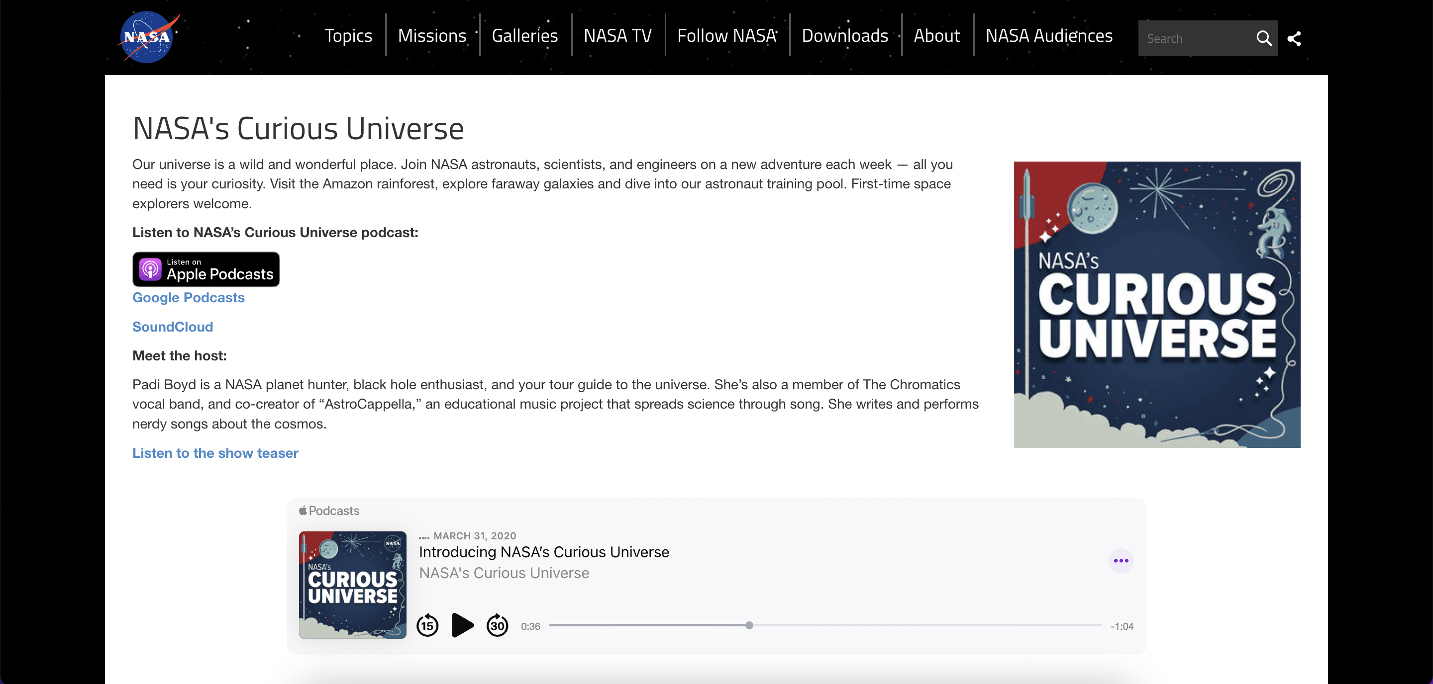Screen shot of NASA's Curious Universe podcast landing page