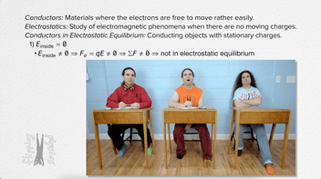 Screenshot of Flipping Physics video: Physics board work appears at the top of the screen. On the bottom, a photo shows three versions of the same student-character sitting at a desk.