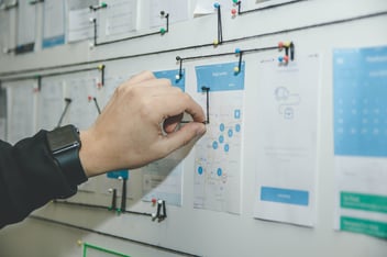 Close-up of a hand pinning a black string, which maps print screenshots of a user flow, on a white wall. Photo by A