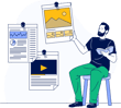 Illustration of a man sitting on a chair pointing at 3 pages with text, image and video