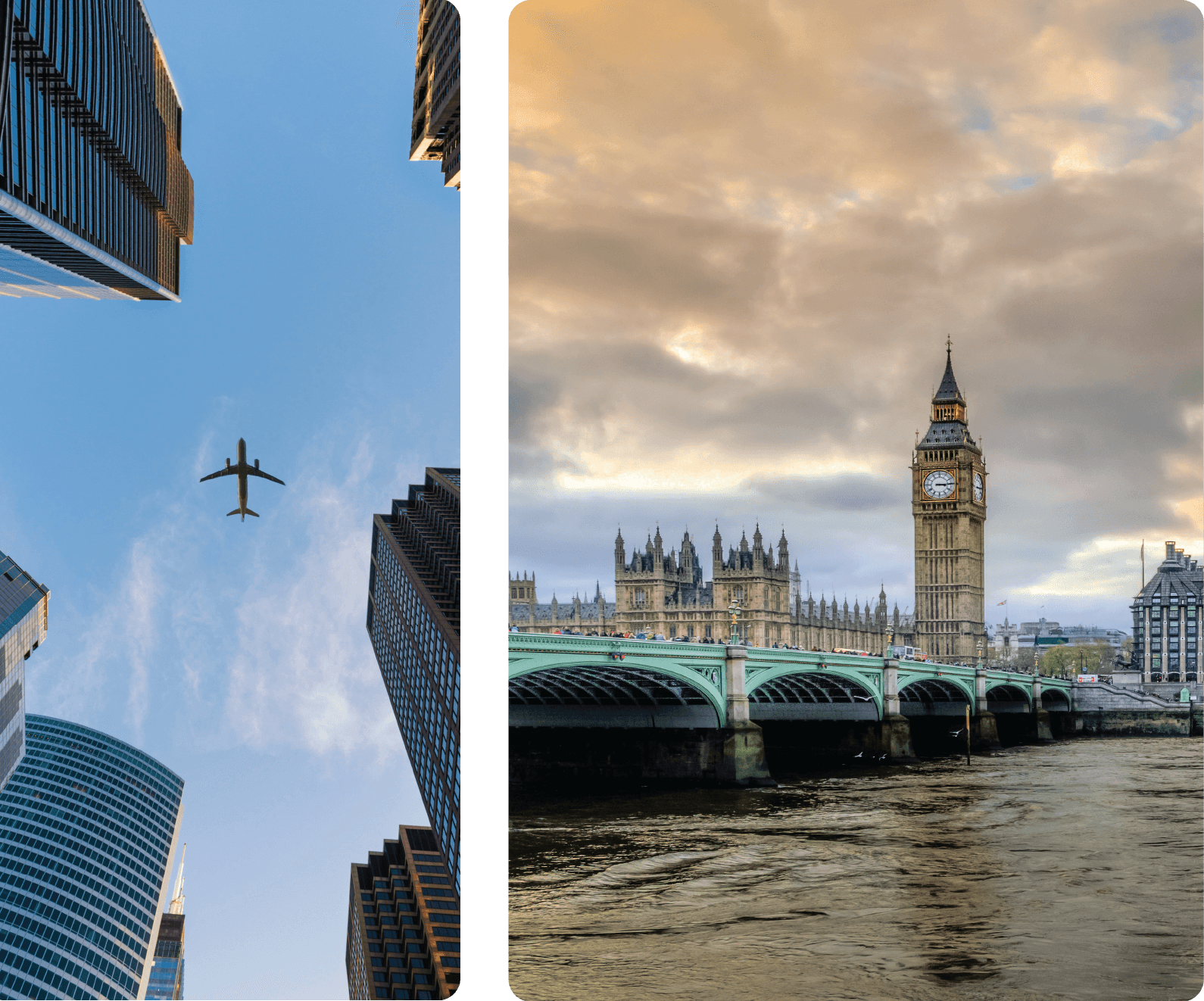 Two images of city skylines